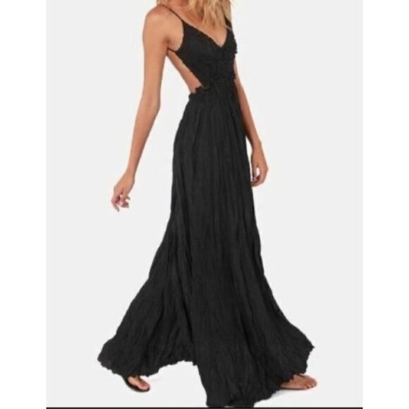 L'Atiste By Amy Womens XS Black Backless Maxi Dress Frayed Hem Boho - Picture 4 of 6